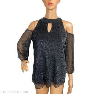 Scripted Black Glitter Sheer Cold Off Open Shoulder NYE Blouse Top Size Small